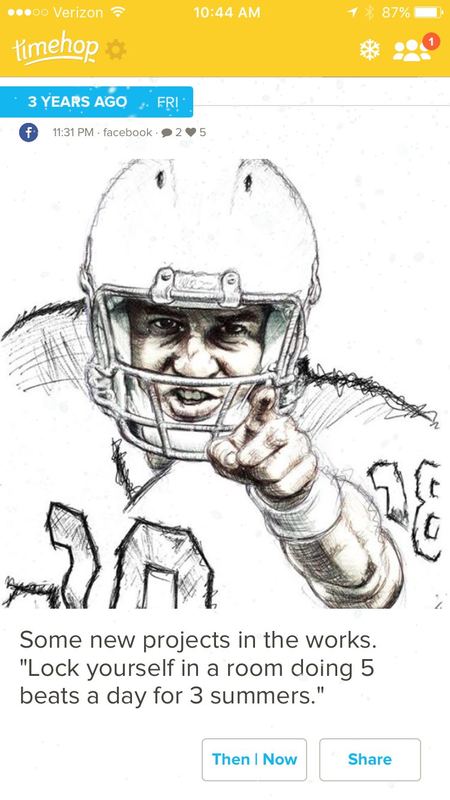 Pen-and-ink sketch artwork of Peyton Manning in a number 18 jersey pointing at the viewer.