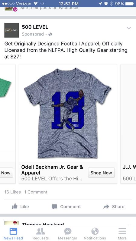 500 Level Facebook ad showing a gray Odell Beckham Jr. one-handed-catch '13' T-shirt.