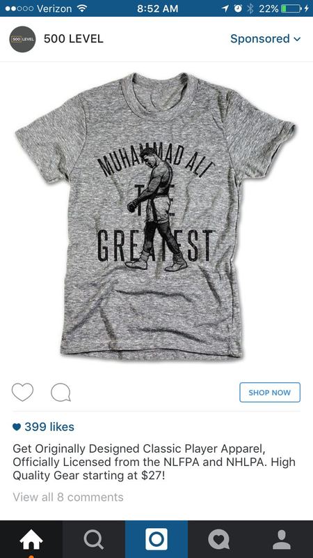 500 Level Instagram ad showing a gray 'Muhammad Ali The Greatest' T-shirt.