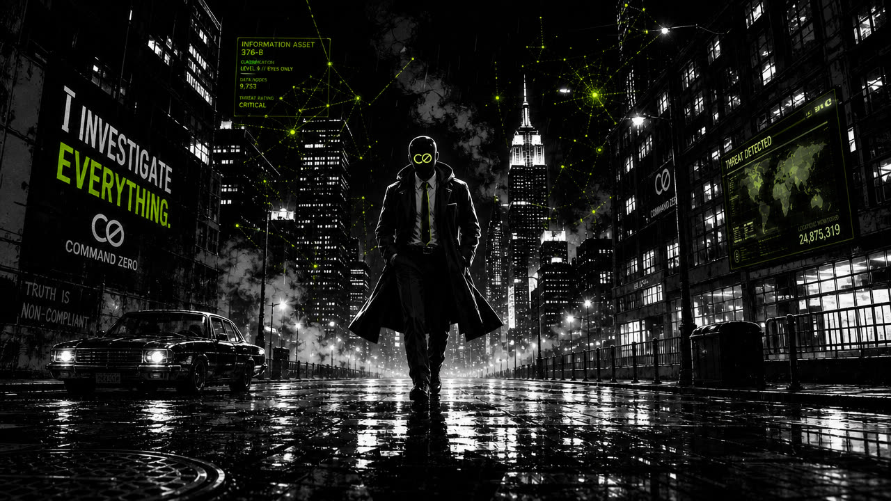 Agent Zero on a noir rooftop over the city