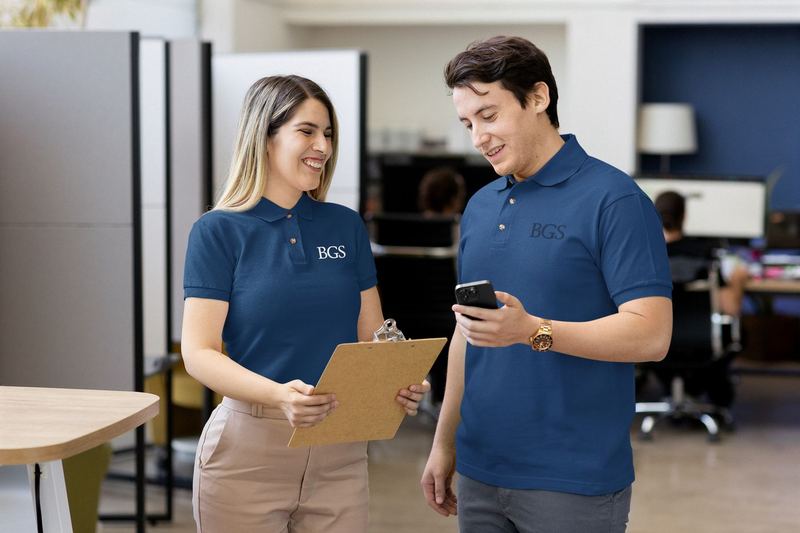 polo shirt mockup of two coworkers talking in an office m34822 — BGS Mockups