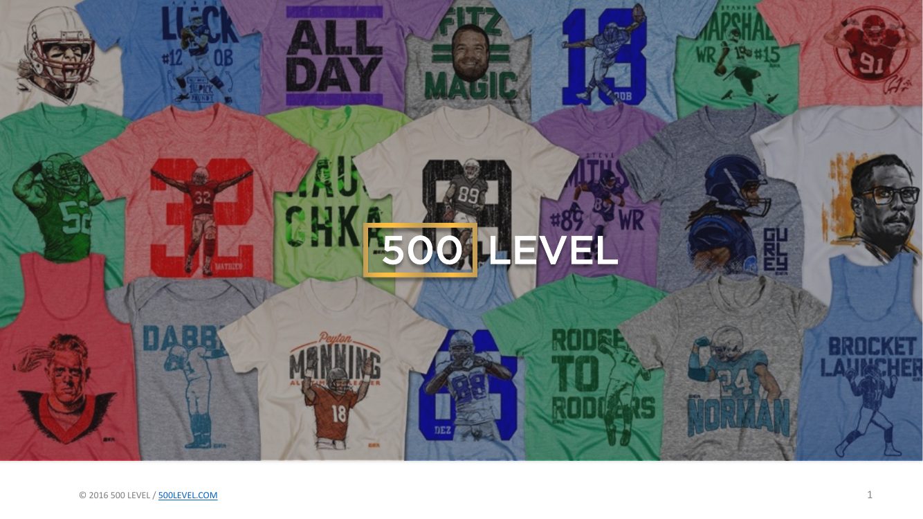 500 Level master pitch deck, page 1 of 16 — designed by Andy Mullady