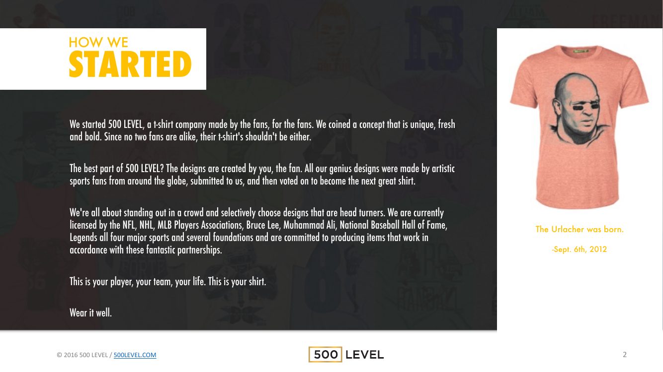 500 Level master pitch deck, page 2 of 16 — designed by Andy Mullady