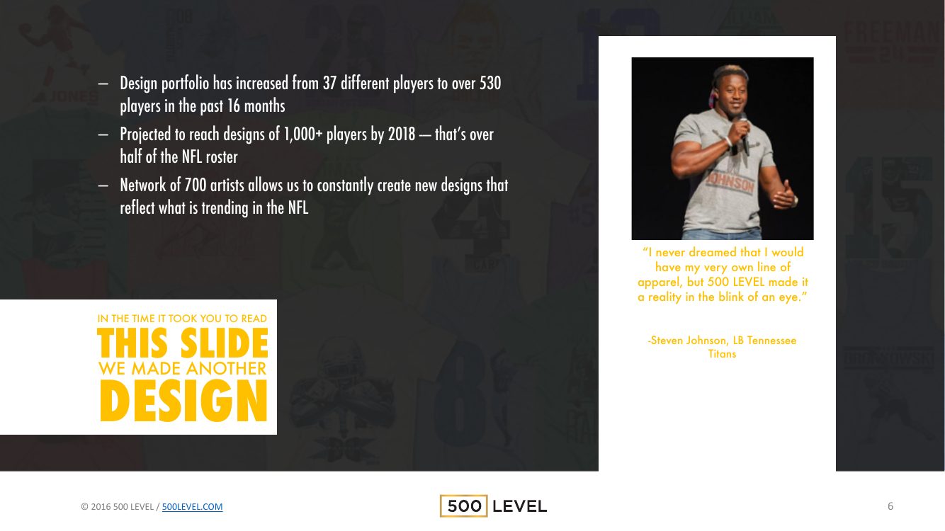 500 Level master pitch deck, page 6 of 16 — designed by Andy Mullady