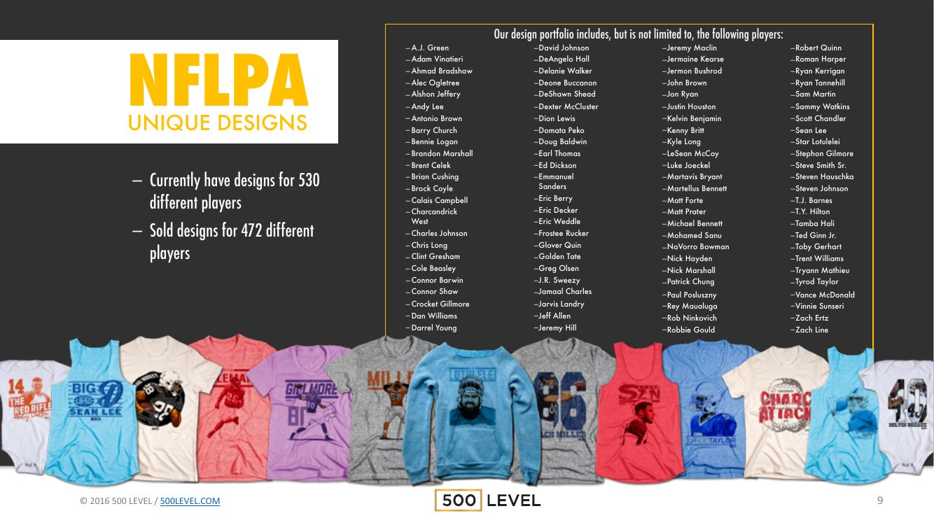 500 Level master pitch deck, page 9 of 16 — designed by Andy Mullady