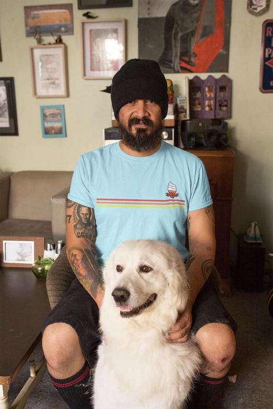 t shirt mockup featuring a man at home with his dog 32837 — ROO Apparel Pics