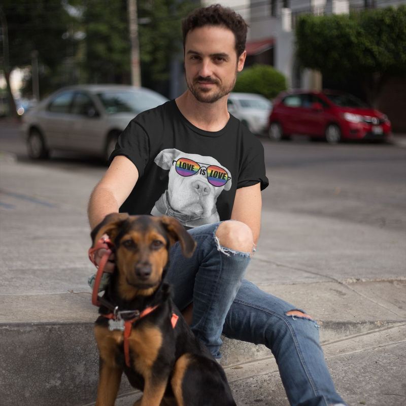 mockup of a young white guy wearing a round neck tee mockup while with his dog a16191 — ROO SWAG