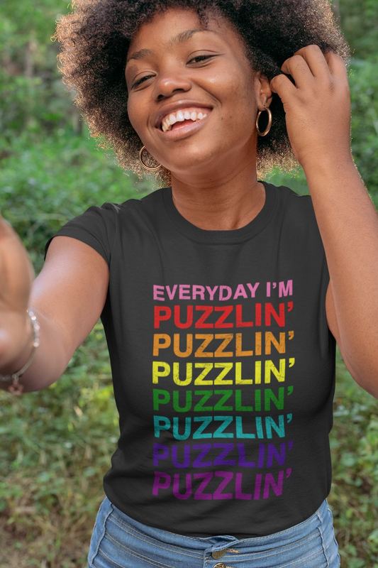 t shirt mockup of a smiling woman in the woods 30614 — PUZZLE SWAG